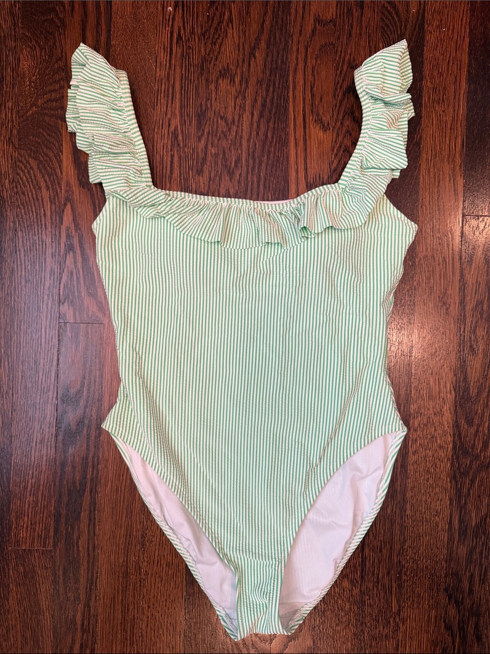Lilly Pulitzer Green and White Striped Seersucker Ruffle One-Piece